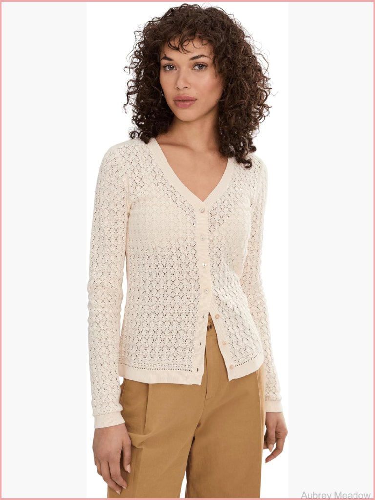 Pointelle Cardigan - Long Sleeve V-Neck Button Front